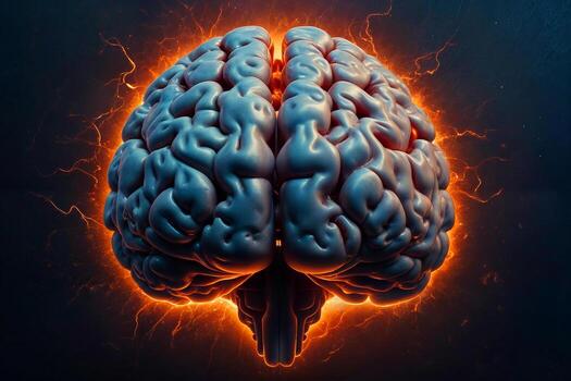 A brain with a red glowing aura. The brain is surrounded by a blue background. The brain is the main focus of the image photo