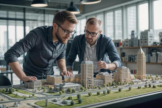 Two men professional engineers architect are working on a model of an urban area. Urban planners are working on a functional model of a building photo