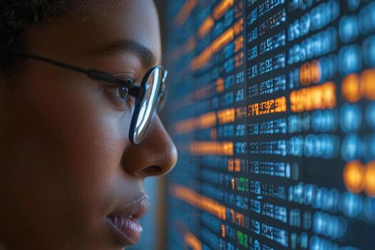 African American programmer woman wearing glasses is looking at a computer screen with a lot of numbers on it. Concept of technology photo