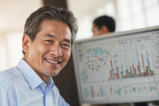 Portrait of happy senior Asian financial broker is smiling in front of a computer monitor with charts in office photo