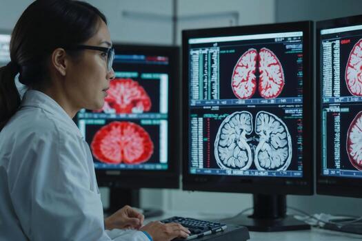 Portrait of serious Asian woman neurologist is looking at a computer monitor displaying several brain scans. Brain research. She is wearing a lab coat and glasses photo