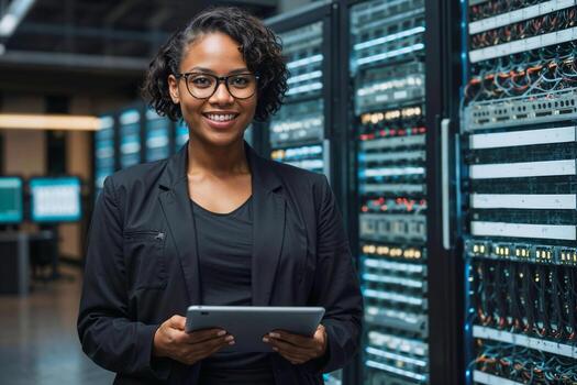 Portrait of black IT programmer woman with glasses in a black suit holding a tablet in front of a row of computer servers or data center. She is smiling and she is happy photo