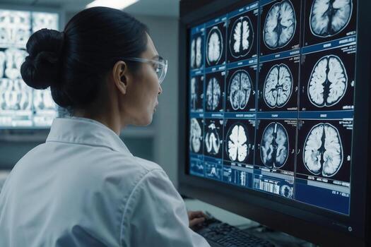 Neurologist Asian woman in a white lab coat against the background of MRI with monitors displaying medical images brain. Back view photo