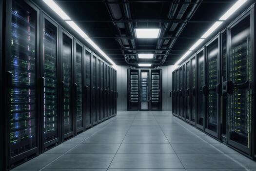 Data center with several rows of fully operational server racks. Modern telecommunications, cloud computing, artificial intelligence, database, supercomputer. photo