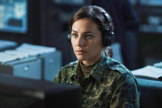 Serious female officer in green camouflage working in army central control and monitoring office for the management, technology and army communications. photo
