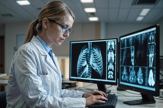 Portrait of serious female medical doctor wearing a white lab coat and glasses is working on a computer analyzing chest, bones X-rays screen photo