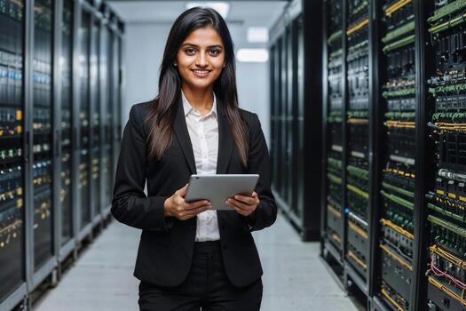 profesional indio eso ingeniero mujer en un negro traje participación un tableta en un grande servidor habitación o datos centro, ella es sonriente y ella es contento foto
