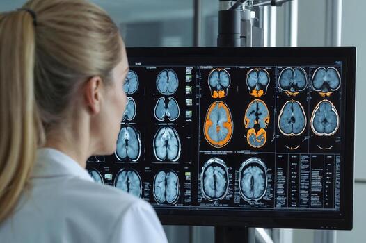 A woman neurologist is looking at a computer monitor displaying a series of brain scans. Back view. The woman is a doctor or a medical professional, as she is examining the images closely photo