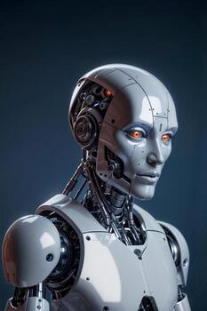 Face of robot on blue background. The concept of creating robot assistants photo