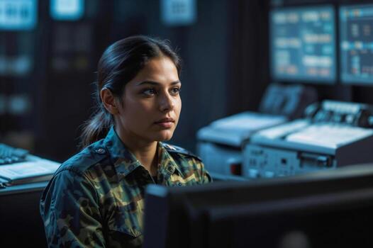 Portrait of female officer in green camouflage working in army central control and monitoring office for the management, technology and army communications photo