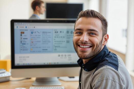 Portrait of happy European student in front of desktop computer photo