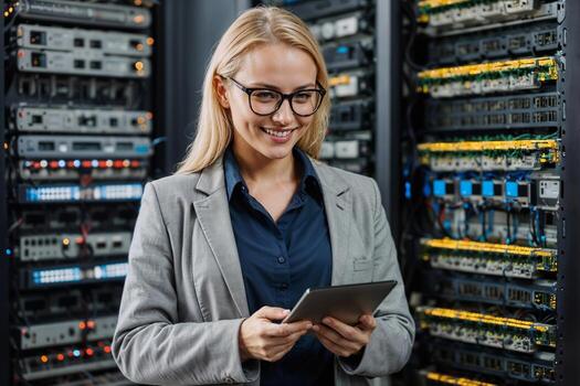 Professional IT specialist blonde woman wearing glasses and a gray jacket is smiling while holding a tablet in serves room or data center, she is standing in front of a row of servers photo