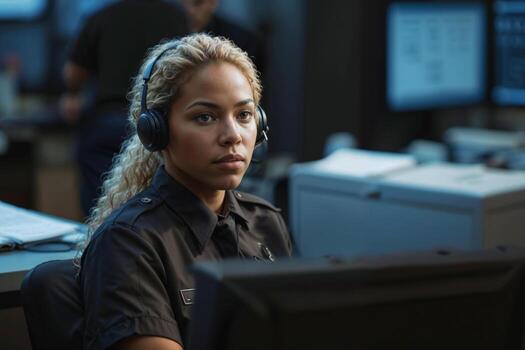 Close up female police officer wearing a headset and a black shirt is sitting in front of a computer in a call center 911 operator talking on the phone photo