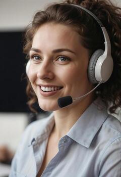 Face of woman customer service operator talking on phone in office. Call center agent photo