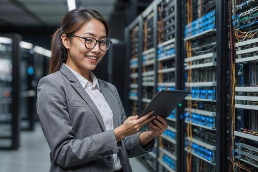 Professional IT specialist Asian woman wearing glasses and a gray jacket is smiling while holding a tablet in serves room or data center, she is standing in front of a row of servers photo