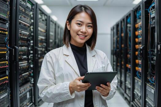 Professional Asian IT administrator woman in a white lab coat is holding a tablet in a large server room or data center. She is smiling and she is happy photo