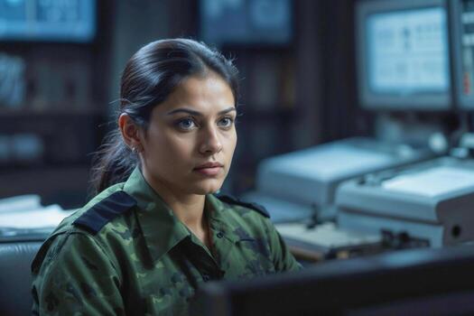 Portrait of serious female Israel officer in green camouflage working in army central control and monitoring office for the management, technology and army communications photo