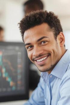 Portrait of happy Afro businessman against white screen background with desktop computer charts in office photo
