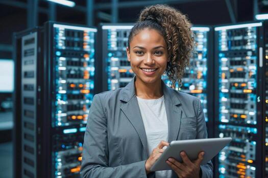 profesional negro eso ingeniero mujer en un gris traje participación un tableta en un grande servidor habitación o datos centro, ella es sonriente y ella es contento y mirando a cámara foto