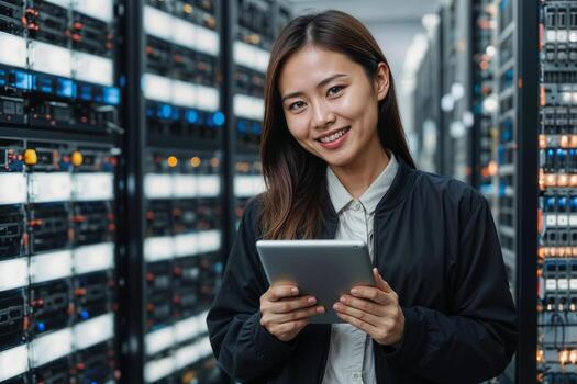 Asian IT specialist woman in a black jacket and white shirt is holding a tablet in front of a row of computer servers in server room or data center photo