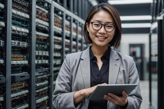 Professional Asian IT specialist woman in a grey jacket and white shirt is holding a tablet in front of a row of computer servers in server room or data center photo