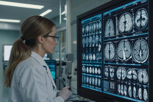 Woman scientist neurologist in hospital a white lab coat is working on a computer with monitors displaying medical images brain patient photo