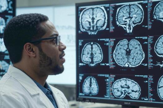 Portrait of serious African man neurologist is looking at a computer monitor displaying several brain scans. Brain research. He is wearing a lab coat and glasses photo