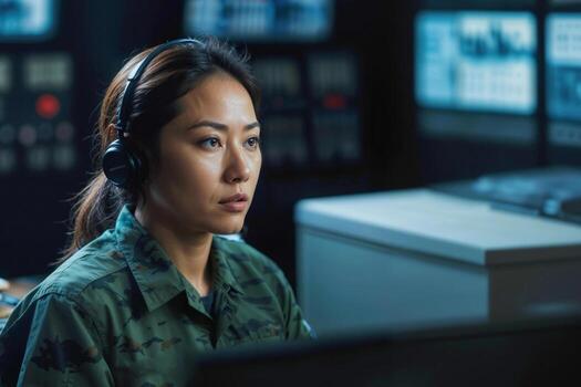 Serious female officer in green camouflage working in army central control and monitoring office for the management, technology and army communications photo