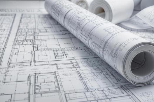 Part of architectural project. Partially visible blueprints, architectural plans. Concept of the part of architectural project photo