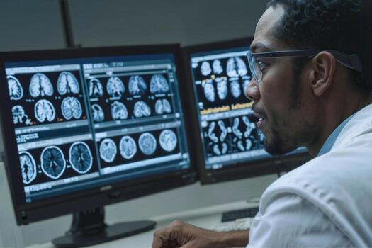 African neurologist man is looking at a computer monitor with several images of brains on it. He is wearing glasses and a white lab coat photo