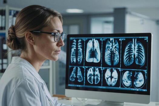 Portrait of serious female doctor in white coat and glasses, against background of chest x-rays, bones on computer screen photo