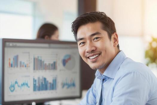 Happy businessman against white screen background with desktop computer charts in office photo