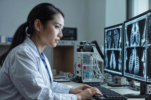 Serious female medical doctor in a white lab coat is looking at a computer monitor displaying a series of X-rays chest photo