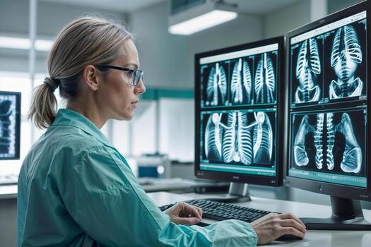 Serious female medical doctor wearing a white lab coat and glasses is working on a computer analyzing chest, bones X-rays screen photo
