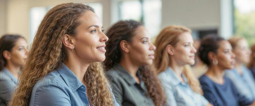 grupo de mujer son sentado en un aula, escuchando a un conferencia. foto