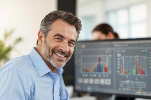 un hombre es sonriente en frente de un computadora monitor con un grafico en él. el grafico aparece a ser un gráfico de algunos clasificar, y el hombre parece a ser orgulloso de eso foto