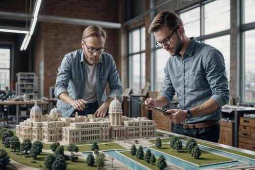 In a creative architectural bureau, two men professional engineers architect are working on a model of an urban area. Concept of urban architecture design photo