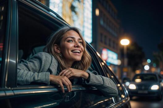 Portrait of happy woman is smiling and looking out the window of a car, she is enjoying the view night of town. The scene takes place at night, with several cars visible in the background photo