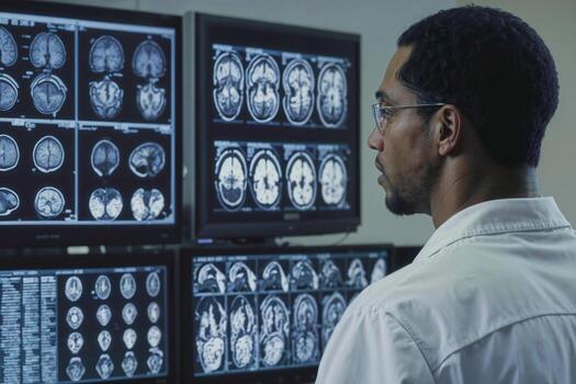 Back view of African neurologist man in a white lab coat is working on a computer with monitors displaying medical images brain photo