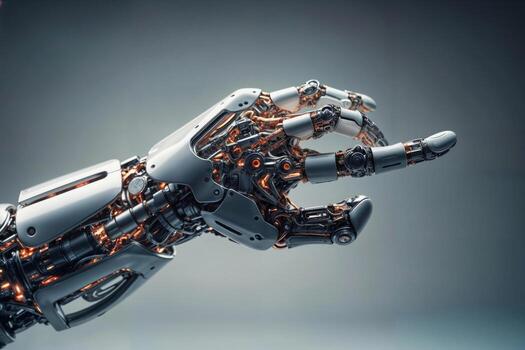 A robotic hand with a finger pointing up. The hand is made of metal and has a futuristic look to it. Concept of technology and innovation, as well as a sense of wonder photo