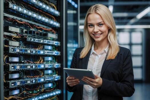 Professional European IT specialist woman in a black jacket and white shirt is holding a tablet in front of a row of computer servers in server room or data center photo