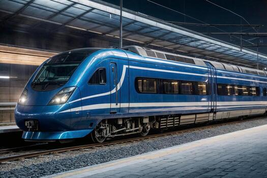 High-speed blue train is on the tracks at night. The train is moving and has a bright light on the front photo