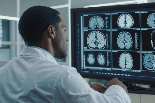 African American neurologist man in a white lab coat is working on a computer with monitors displaying medical images brain. Back view photo