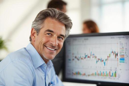 Senior businessman against white screen background with desktop computer charts in office photo