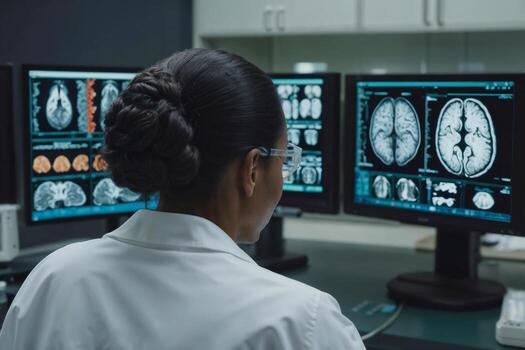African American neurologist woman in a white lab coat is working on a computer with monitors displaying medical images brain. Back view photo