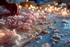 artístico floral arreglo con suave rosado pétalos y hada luces para creativo diseño foto