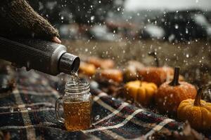 acogedor otoño picnic con termo y calabazas en un Nevado al aire libre ajuste foto