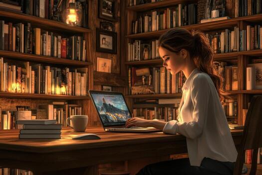 A woman is sitting at a desk in front of a bookcase with a laptop photo