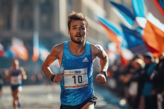 A man running in a marathon with flags in the background photo