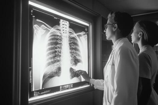 Two doctors looking at an x - ray on a screen photo